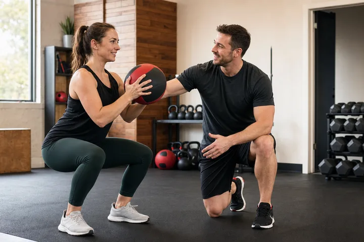 Personal trainer coaching a client in a local fitness studio