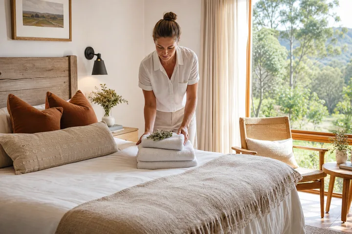 Boutique accommodation owner preparing a guest room