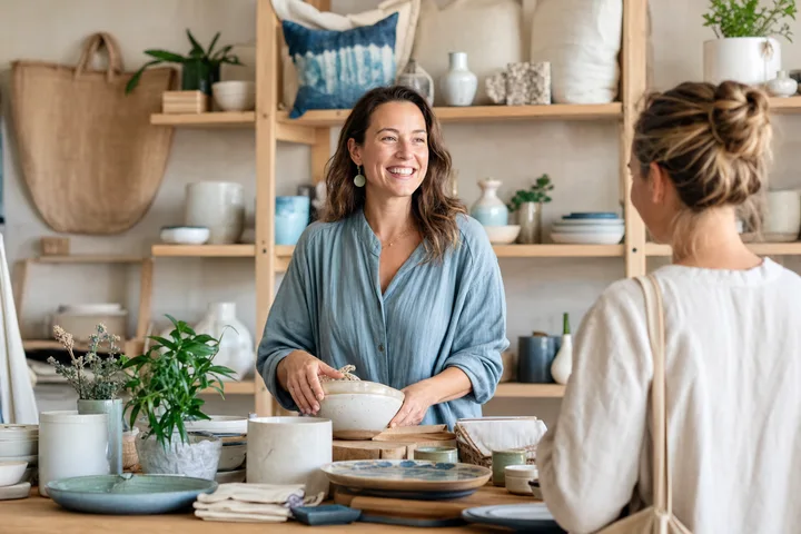Local shop owner helping a customer with handmade homewares