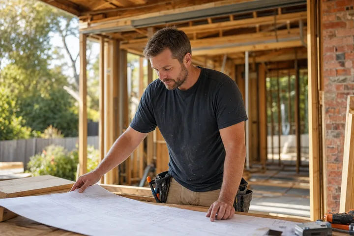 Tradie reviewing building plans at an Australian home renovation