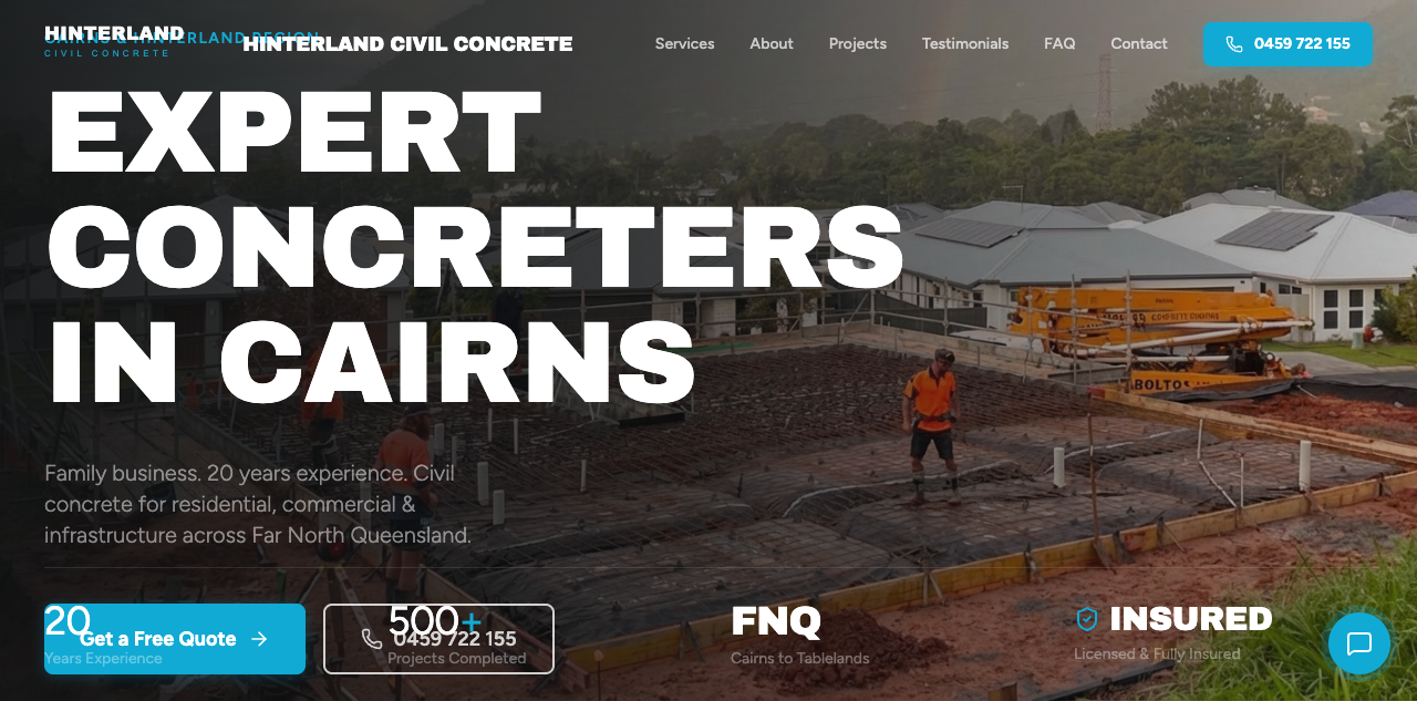 Hinterland Civil Concrete website homepage